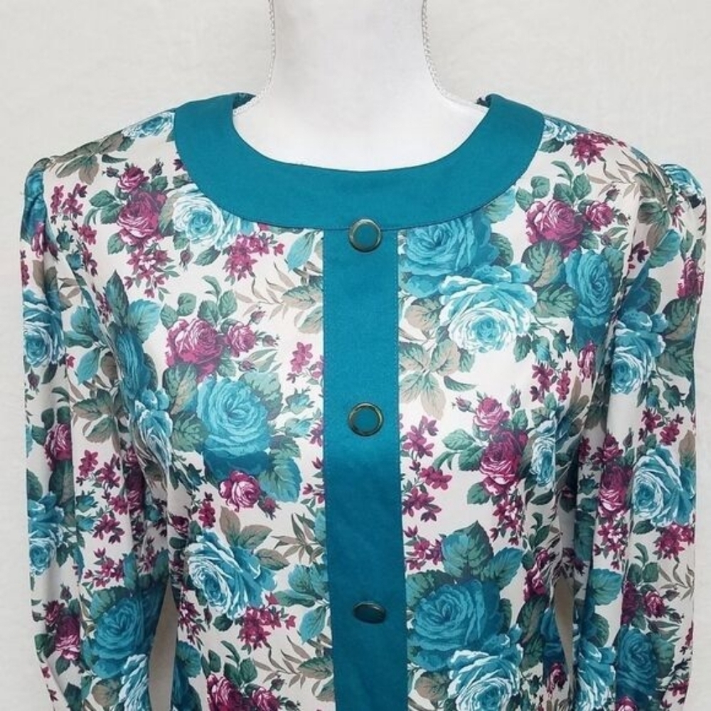 80s Vintage Classic Apparel Teal Cabbage Rose Pleated Quarter Sleeve Midi Dress - Picture 4 of 15